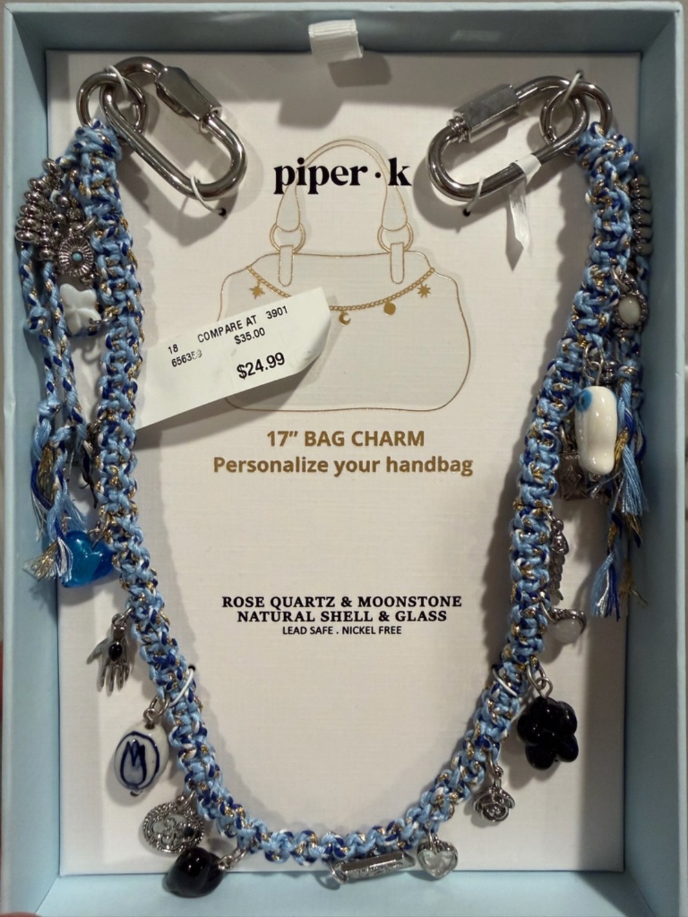Piper Blue Braided 17" Bag Charm with Silver Accents